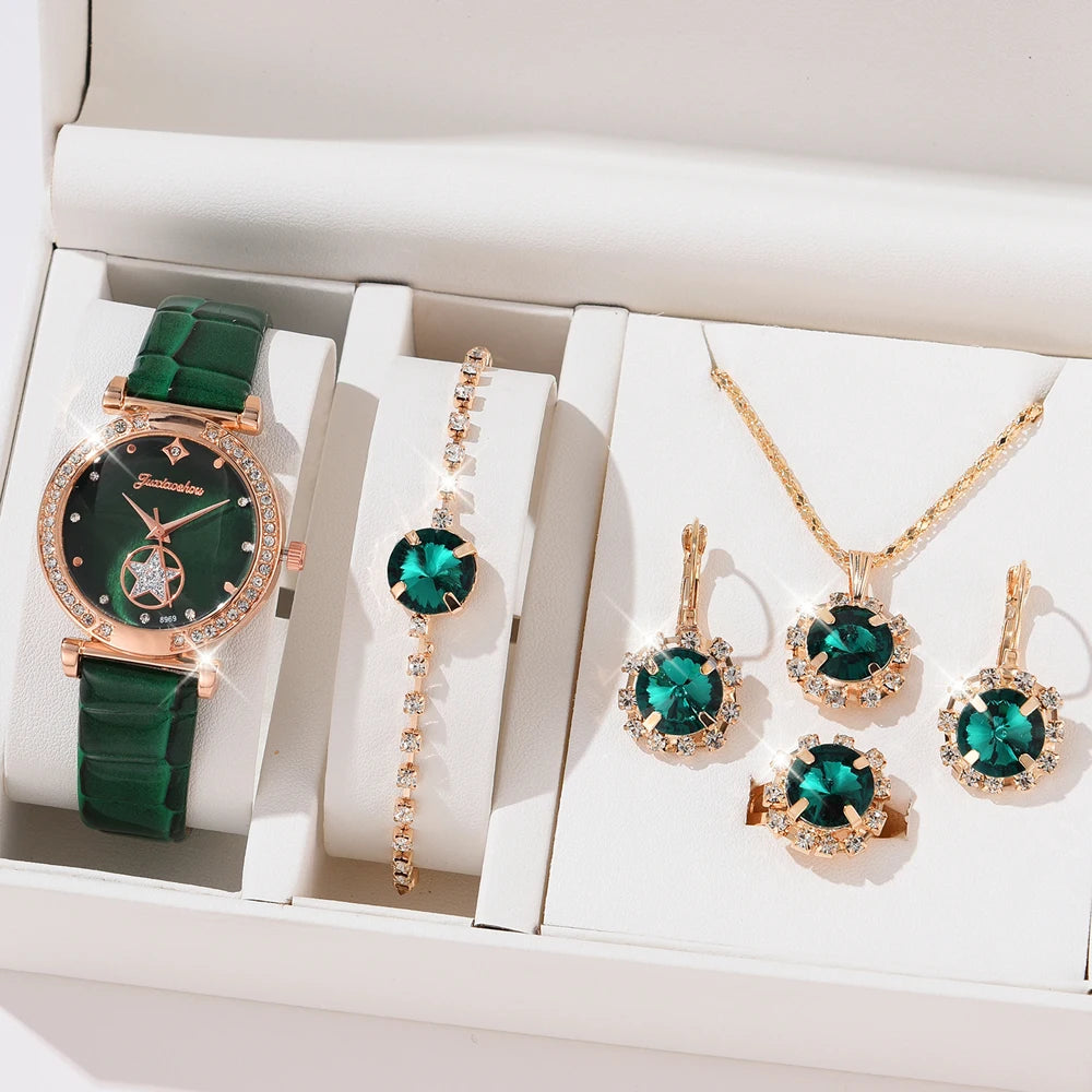 Emerald Elegance: 6-Piece Women's Luxury Watch & Jewelry Set