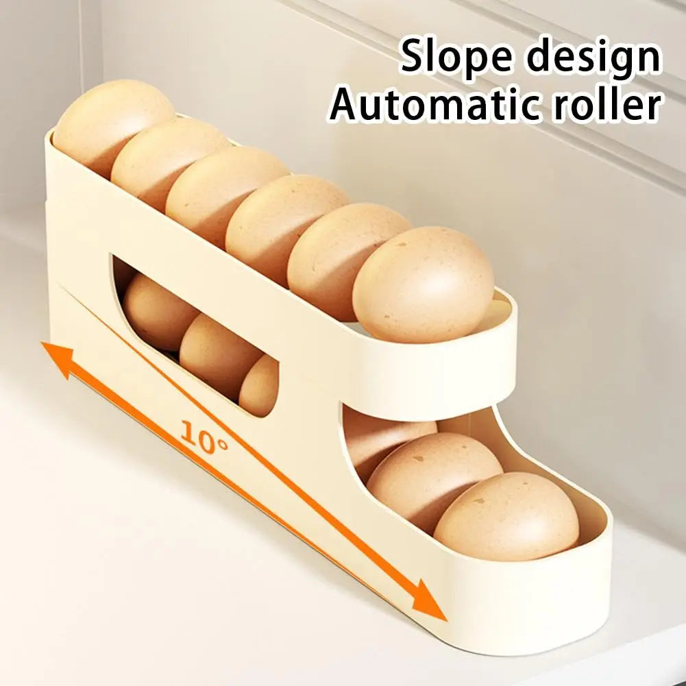 EggEase 4-Layer Rolling Fridge Organizer – Automatic Egg Dispenser Storage Box