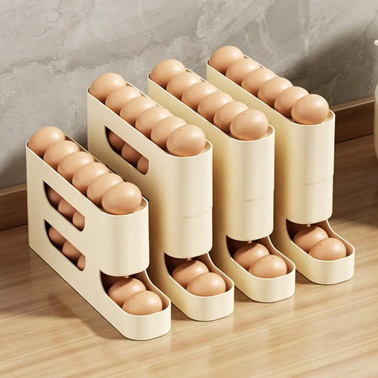 EggEase 4-Layer Rolling Fridge Organizer – Automatic Egg Dispenser Storage Box