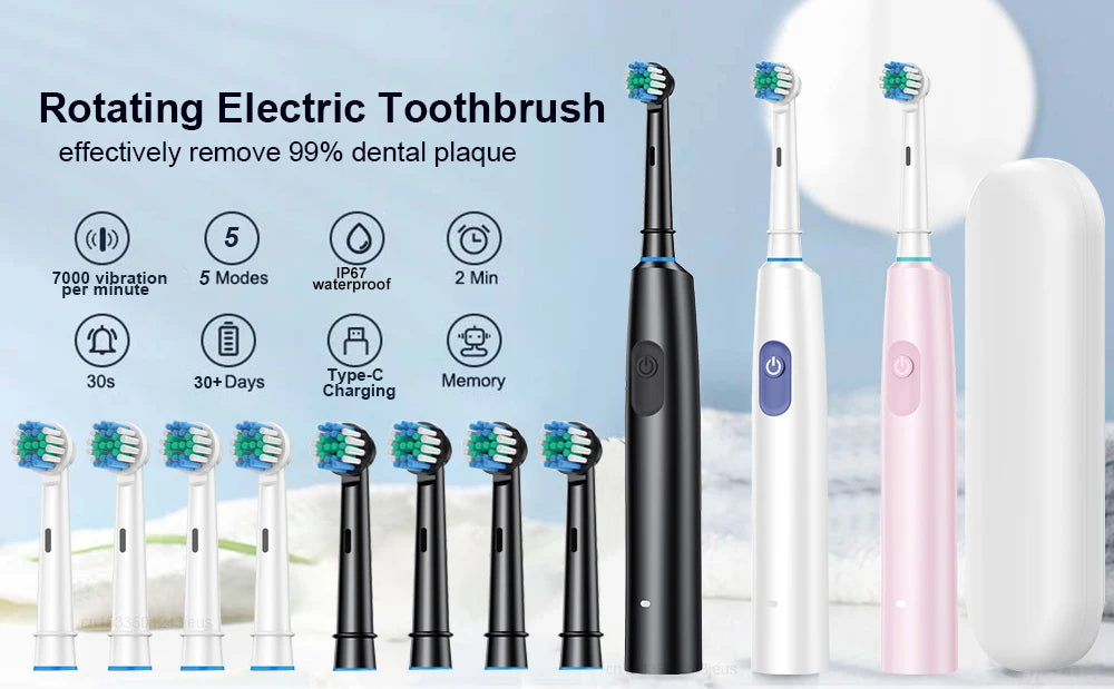 PureBrush Pro – Rechargeable Rotary Electric Toothbrush with 4 Soft Heads