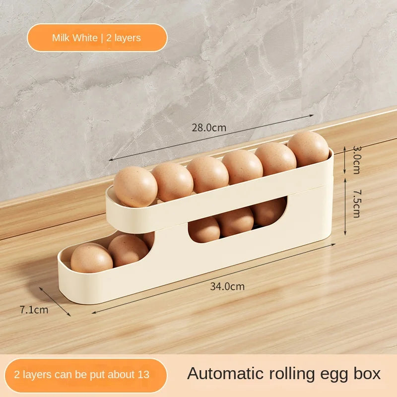 EggEase 4-Layer Rolling Fridge Organizer – Automatic Egg Dispenser Storage Box