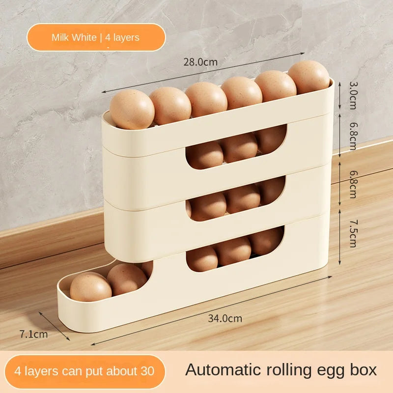 EggEase 4-Layer Rolling Fridge Organizer – Automatic Egg Dispenser Storage Box