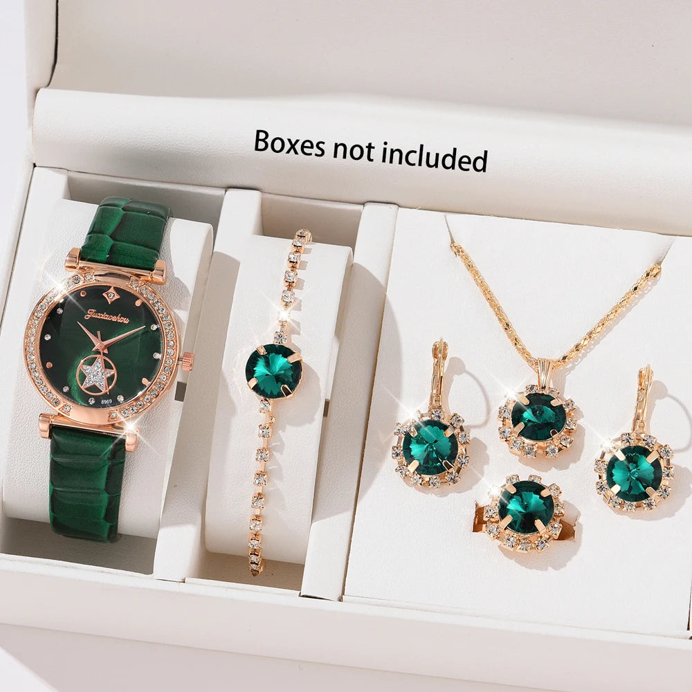 Emerald Elegance: 6-Piece Women's Luxury Watch & Jewelry Set