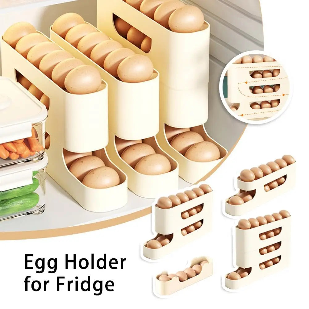 EggEase 4-Layer Rolling Fridge Organizer – Automatic Egg Dispenser Storage Box