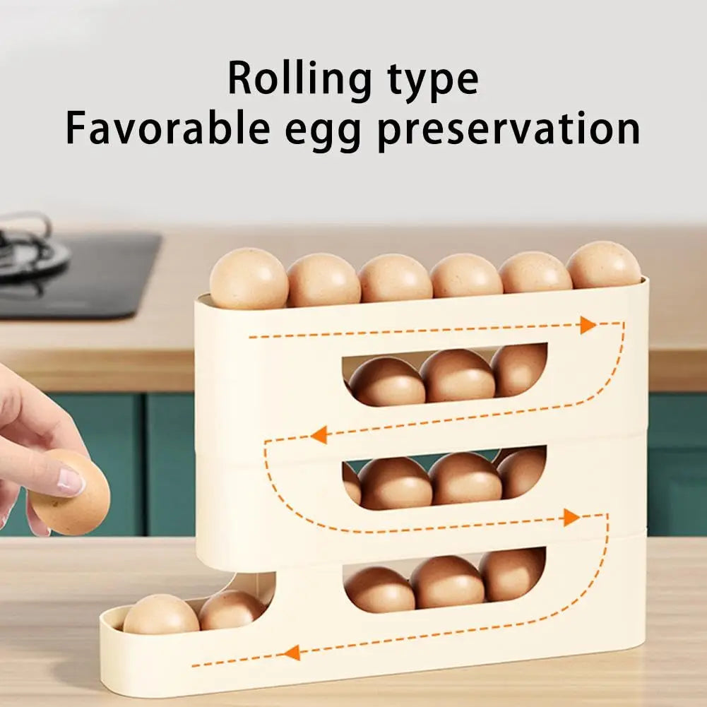 EggEase 4-Layer Rolling Fridge Organizer – Automatic Egg Dispenser Storage Box